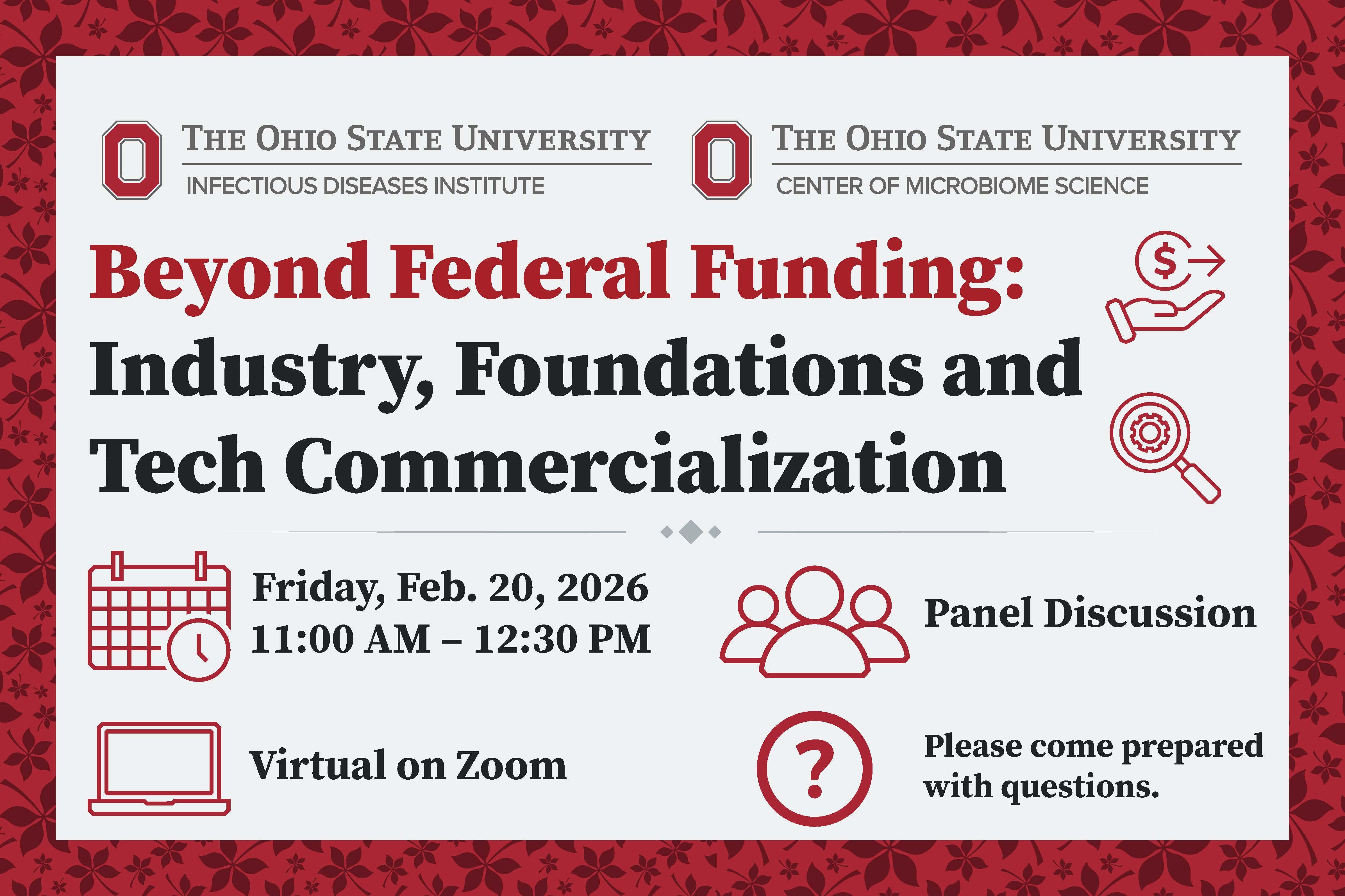 Promotional flyer for an Ohio State University virtual panel titled ‘Beyond Federal Funding: Industry, Foundations and Tech Commercialization,’ scheduled for February 20, 2026.