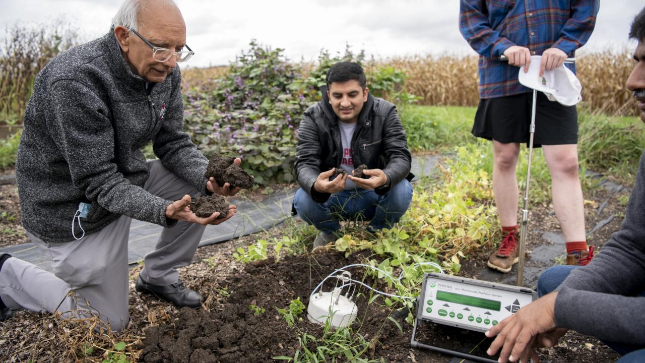 A professor offering guidance to students, located on a farm.