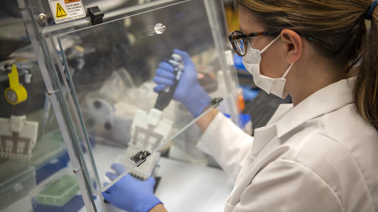 lab worker wearing mask, glasses, and gloves taking sample from behind clear barrier