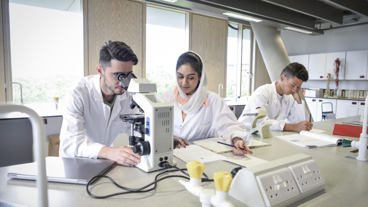 Young man using microscope to view scientific samples, young woman wearing headscarf watching and making notes