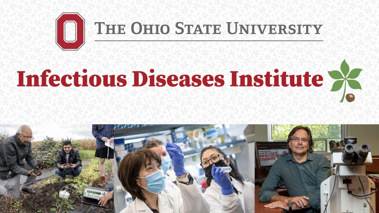Logo of The Ohio State University at the top, followed by the text “Infectious Diseases Institute” in large red font with a green buckeye leaf and nut graphic. Below, three panels show: individuals working in an outdoor field with scientific equipment, a laboratory scene with people wearing white coats and blue gloves handling samples, and a person seated at a desk near a microscope.