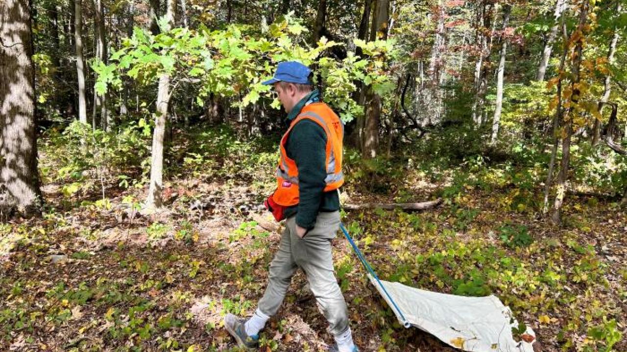 This image depicts Epidemic Intelligence Service (EIS) Officer, Ryan Snead, PhD (EIS Class of 2024), while on the South Mountain Reservation, Essex County, New Jersey, performing a tick drag during surveillance of tick-borne pathogens in October 2024.